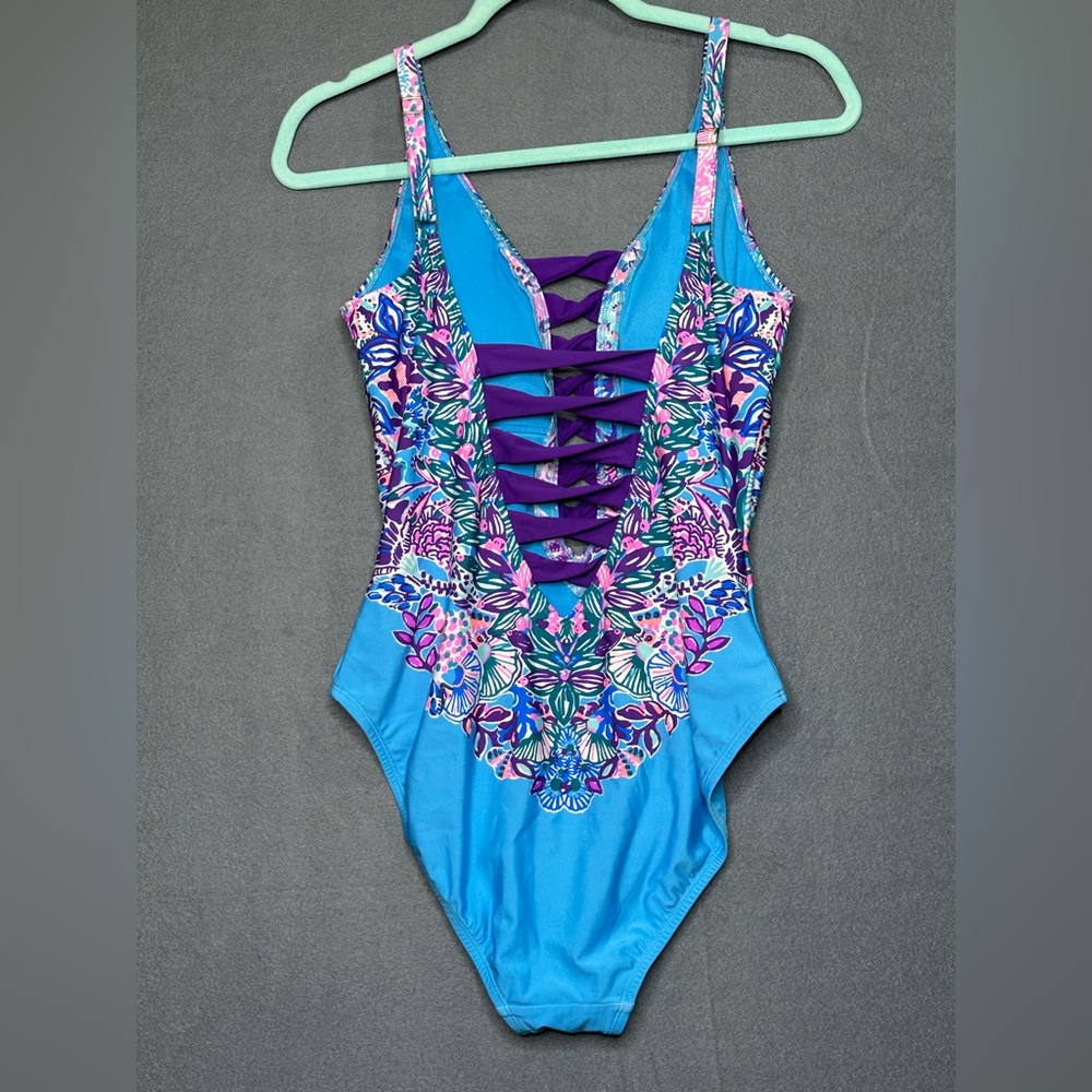 Lilly Pulitzer Blue, Purple & Pink Floral Lace-Up One-Piece Swimsuit EUC - Picture 2 of 4